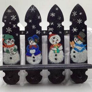 Handpainted Blue Snowmen Fence Peeker Shelf Sitter Wooden 14”Lx15”W